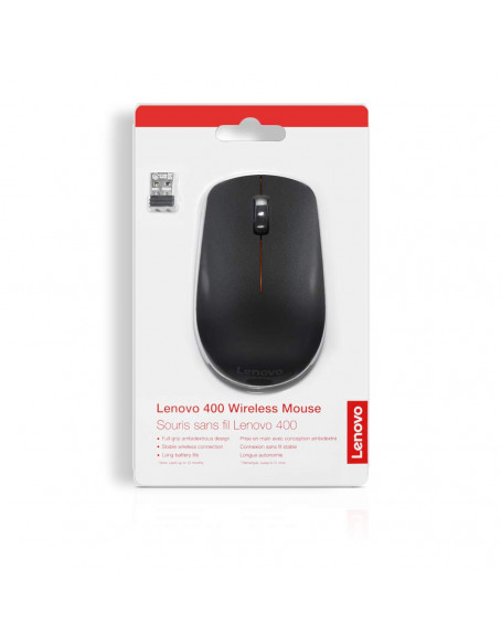 Lenovo 400 Wireless Mouse, 1200DPI Optical Sensor, 2.4GHz Wireless Nano USB, 3-Button (Left,Right,Scroll) Upto 8M Left/Right & 100K Scroll clicks & 1yr Battery, Ambidextrous, Ergonomic GX30K79401