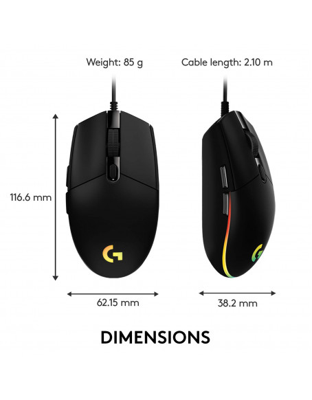 Logitech G102 Light Sync Gaming Mouse with Customizable RGB Lighting, 6 Programmable Buttons, Gaming Grade Sensor, 8 k dpi Tracking,16.8mn Color, Light Weight (Black)