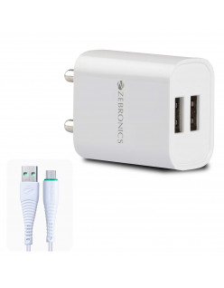 ZEBRONICS Zeb-MA5222 USB Charger Adapter with 1 Metre Micro USB Cable, 2 USB Ports, for Mobile Phone/Tablets (White) (ZEB-MA5222(White)