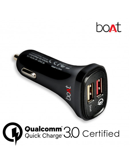 boAt Dual Port Rapid Car Charger (Qualcomm Certified) with Quick Charge 3.0 + Free Micro USB Cable - (Black)