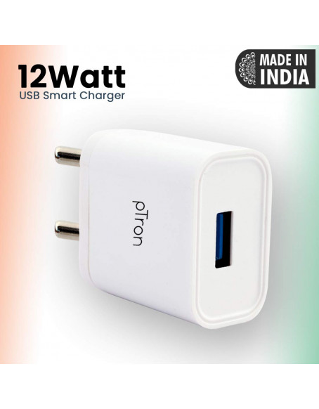 pTron Volta 12W Single USB Smart Charger, Made in India, BIS Certified, Fast Charging Power Adaptor Without Cable for All iOS & Android Devices - (White)