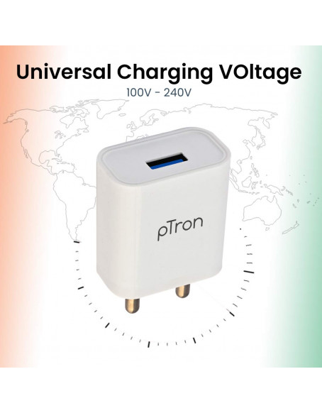 pTron Volta 12W Single USB Smart Charger, Made in India, BIS Certified, Fast Charging Power Adaptor Without Cable for All iOS & Android Devices - (White)