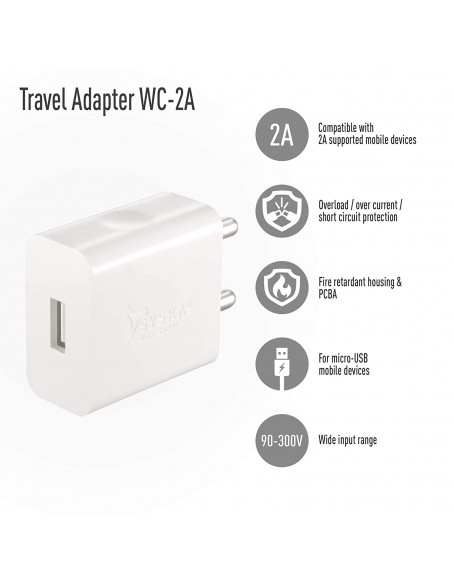 Syska WC-2A Single Port Charger (Cable Included) (White)