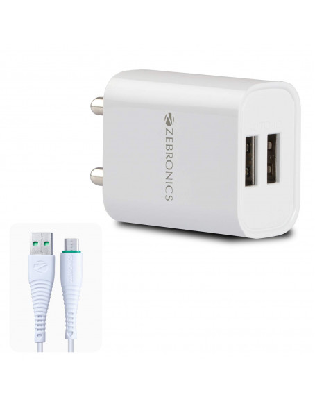 ZEBRONICS Zeb-MA5222 USB Charger Adapter with 1 Metre Micro USB Cable, 2 USB Ports, for Mobile Phone/Tablets (White) (ZEB-MA5222(White)