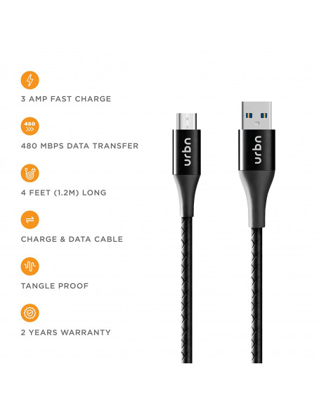 URBN Micro USB 3 Amp Fast Charging Data and Sync Cable Extra Tough Quick Charge 18W Compatible (4 Feet) 1.2M - Bl