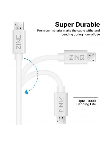 Zinq Technologies Super Durable Micro to USB 2.0 Round Cable with High Speed Charging, Quick Data Sync and PVC Connectors for All USB Powered Devices (White)