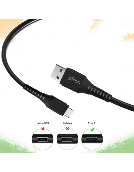 pTron Solero T241 2.4A Type-C Data & Charging USB Cable, Made in India, 480Mbps Data Sync, Durable 1-Meter Long USB Cable for Type-C USB Devices - (Black)