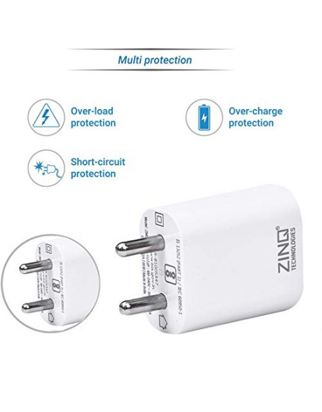 Zinq Technologies 2A Single Port Mobile Charger with 1Mtr USB Cable Included (White)