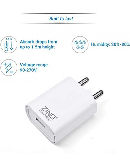 Zinq Technologies 2A Single Port Mobile Charger with 1Mtr USB Cable Included (White)