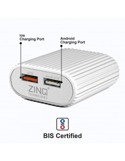 Zinq Technologies 2A Dual Port Mobile Charger for Android and iOS Devices, BIS Certified, Cable Included (White)