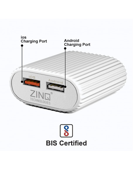 Zinq Technologies 2A Dual Port Mobile Charger for Android and iOS Devices, BIS Certified, Cable Included (White)