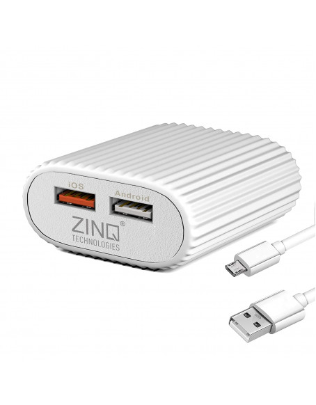 Zinq Technologies 2A Dual Port Mobile Charger for Android and iOS Devices, BIS Certified, Cable Included (White)