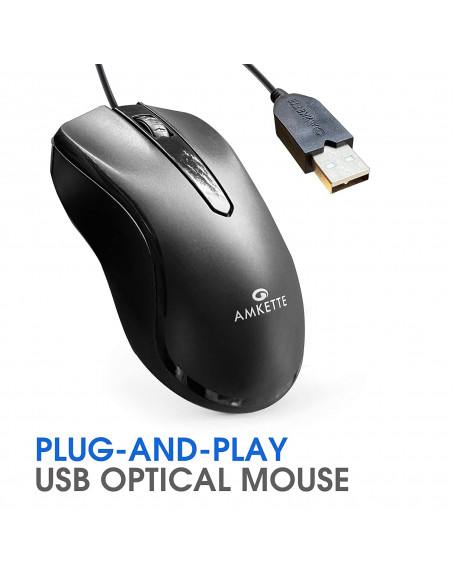 Amkette Kwik Pro 7 Wired Optical USB Mouse with 3 Buttons - Black